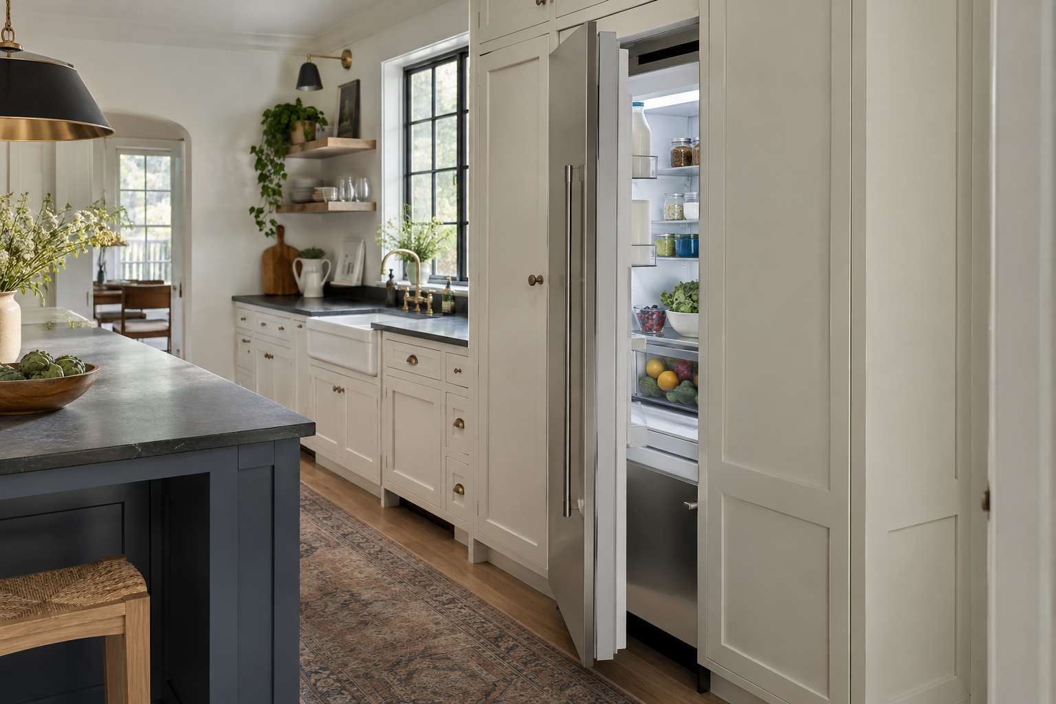 Illustrative Monogram refrigerator in a residential kitchen — AI image for Sub-Zero Repair Briarcliff Manor