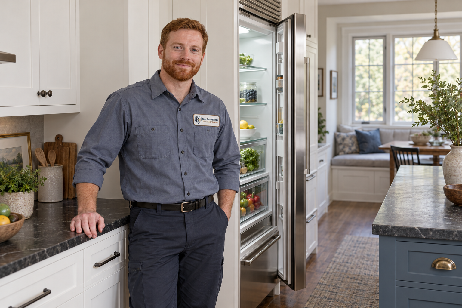 Fictional technician beside a Sub-Zero refrigerator — AI illustration for Sub-Zero Repair Briarcliff Manor