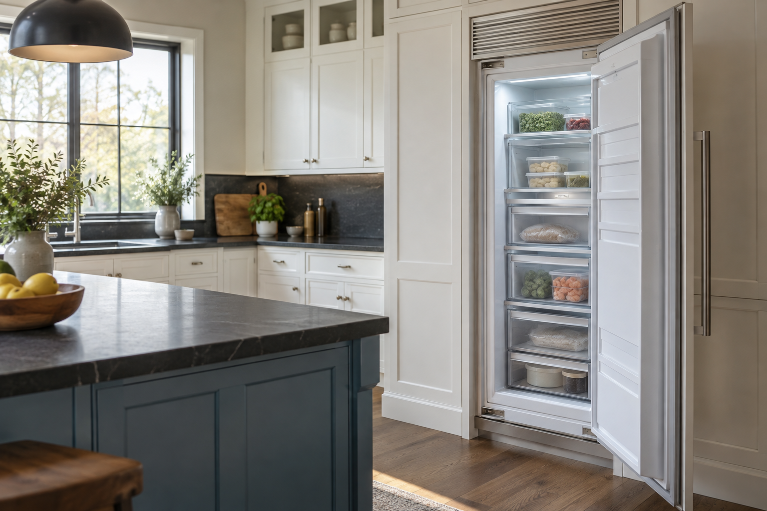 Illustrative Sub-Zero freezer in a residential kitchen — AI image for Sub-Zero Repair Briarcliff Manor