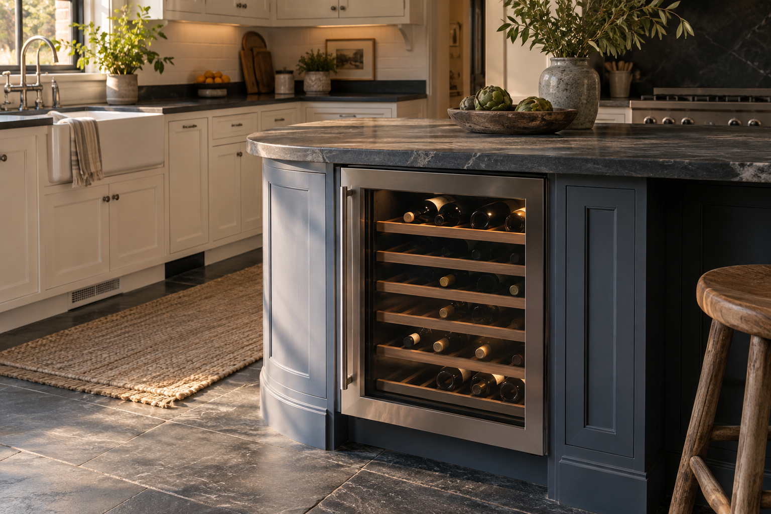 Illustrative Sub-Zero wine cooler in a residential kitchen — AI image for Sub-Zero Repair Briarcliff Manor