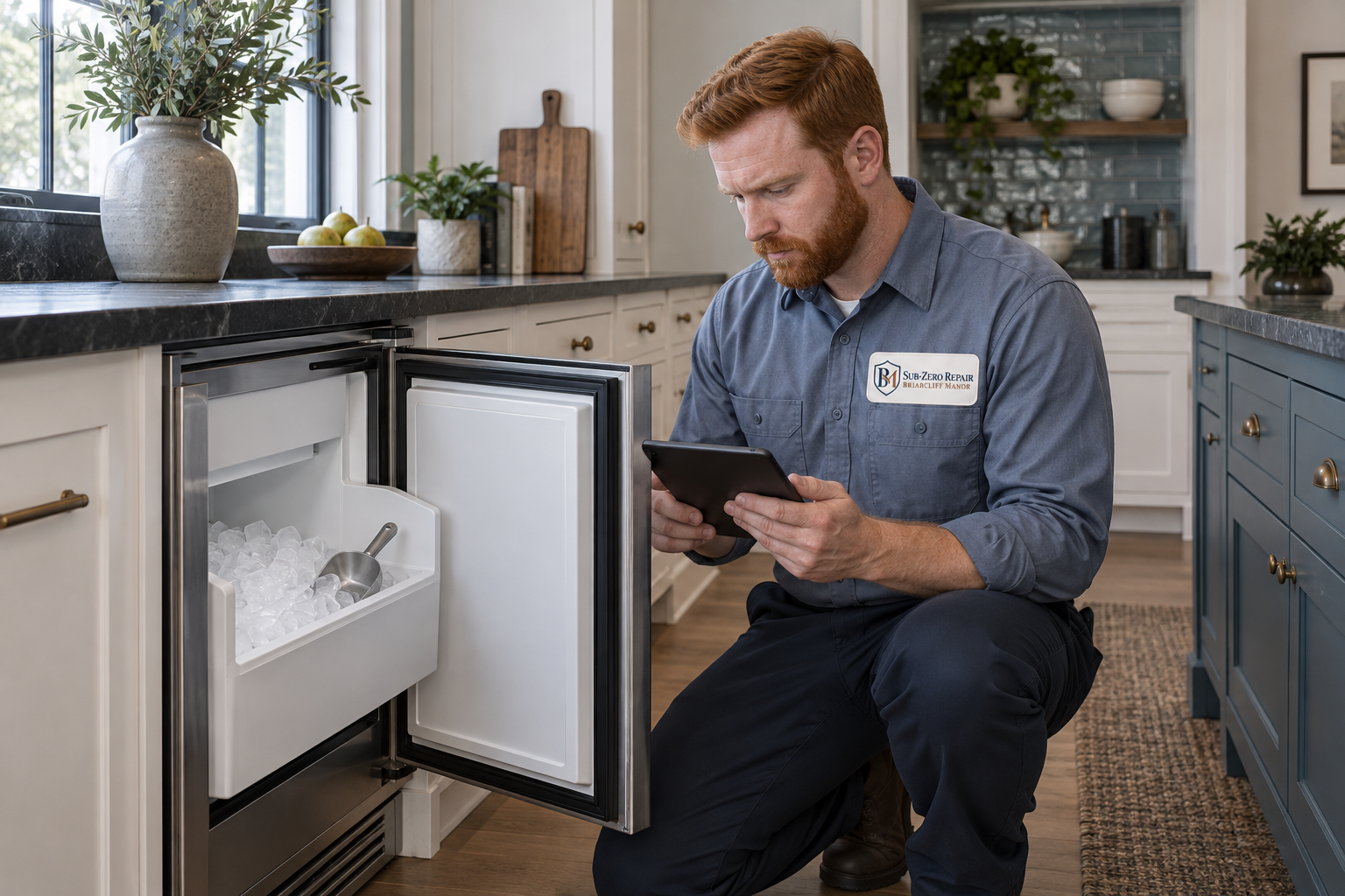 Fictional technician beside a Sub-Zero ice maker — AI illustration for Sub-Zero Repair Briarcliff Manor