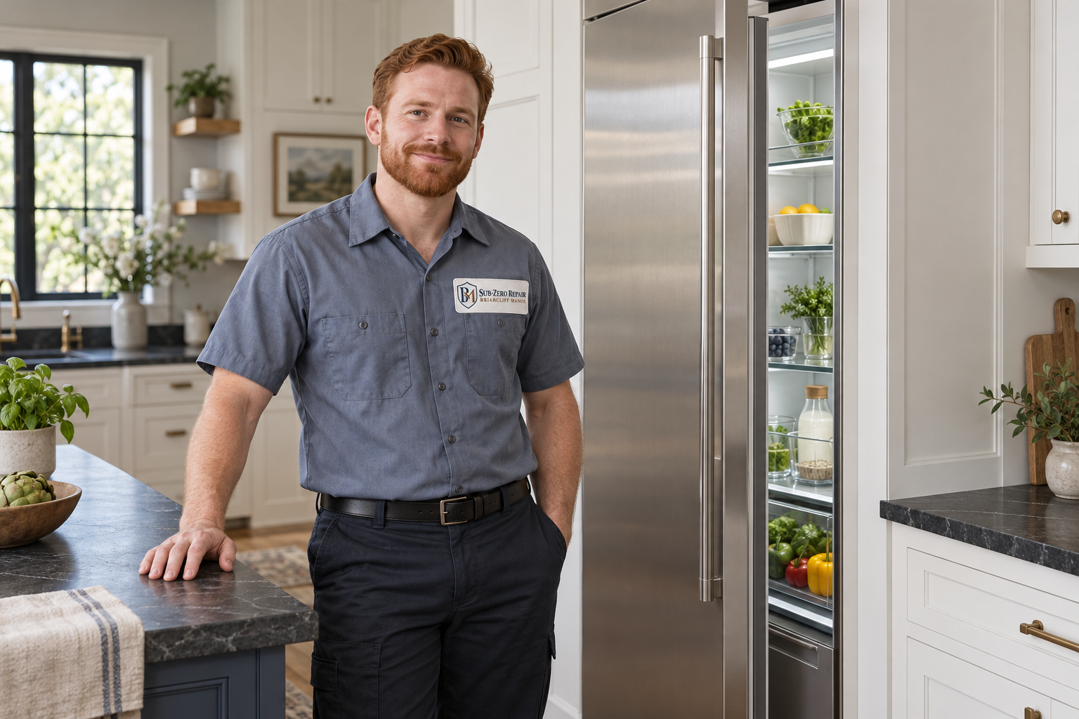 Fictional technician beside a Thermador refrigerator — AI illustration for Sub-Zero Repair Briarcliff Manor