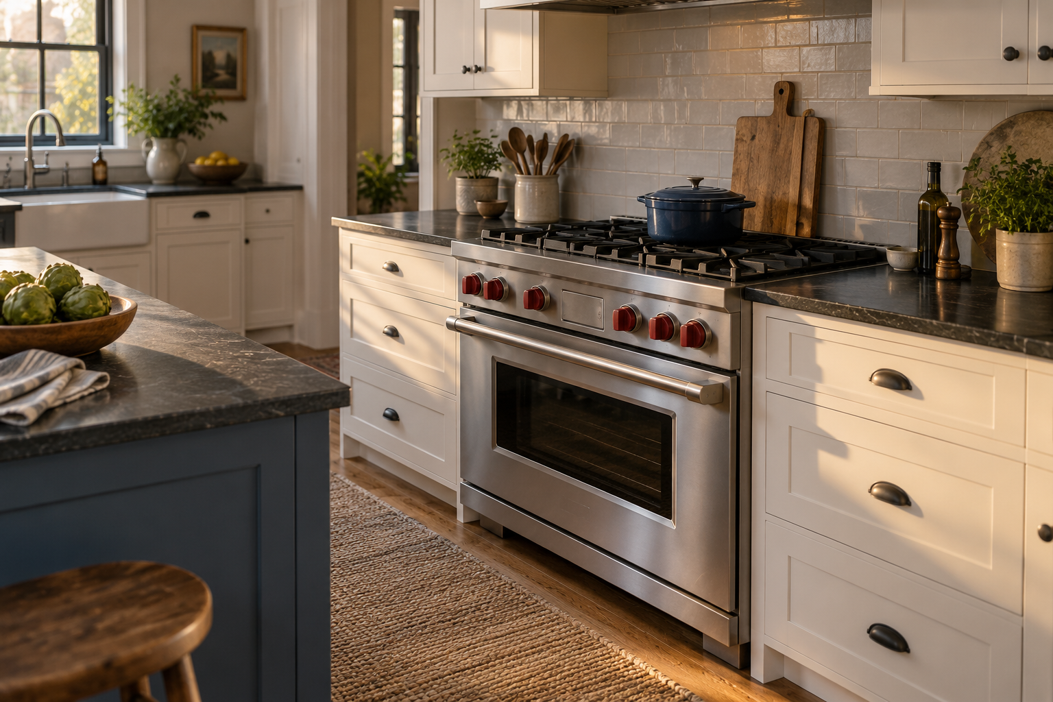 Illustrative Wolf range in a residential kitchen — AI image for Sub-Zero Repair Briarcliff Manor