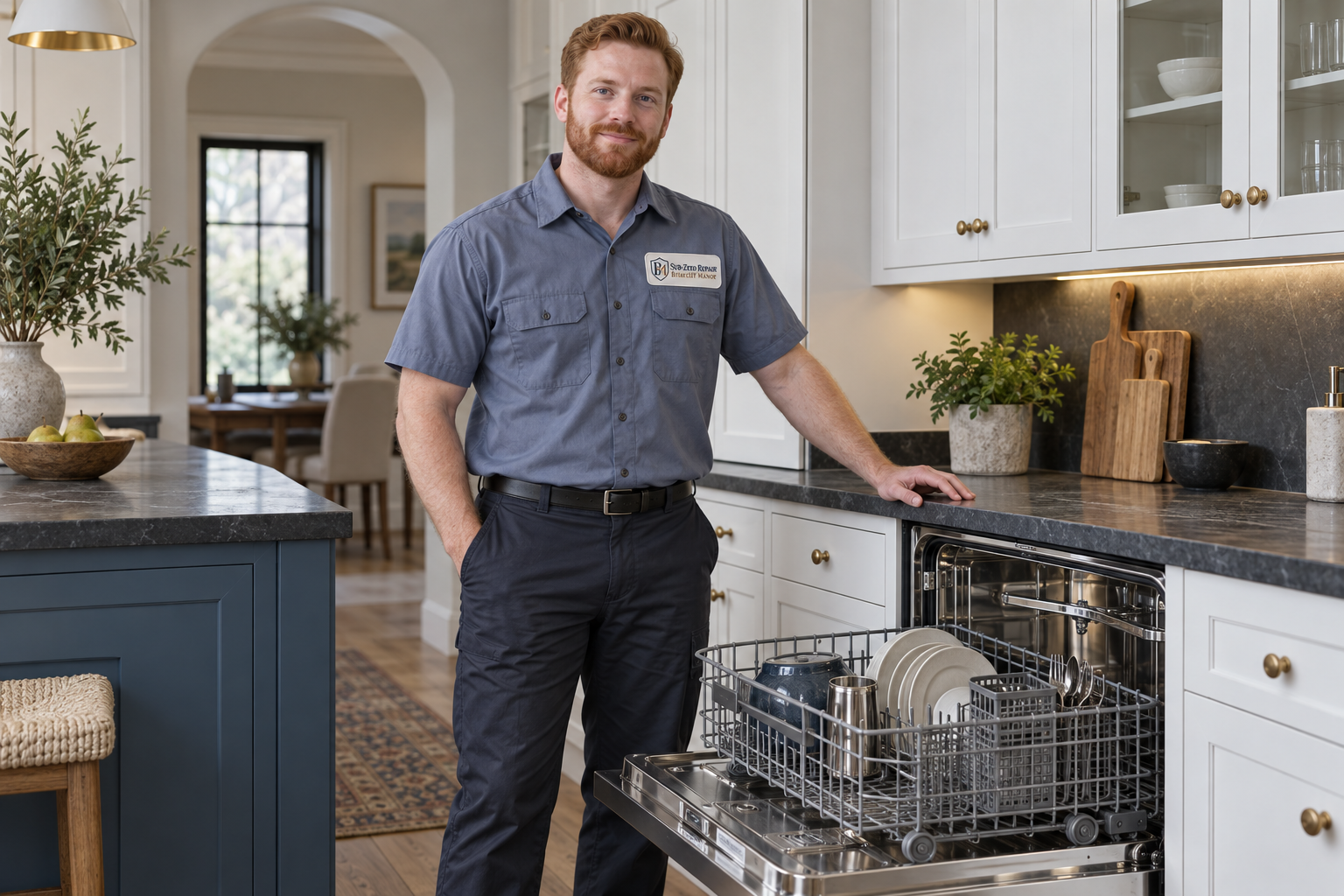 Fictional technician beside a Monogram dishwasher — AI illustration for Sub-Zero Repair Briarcliff Manor