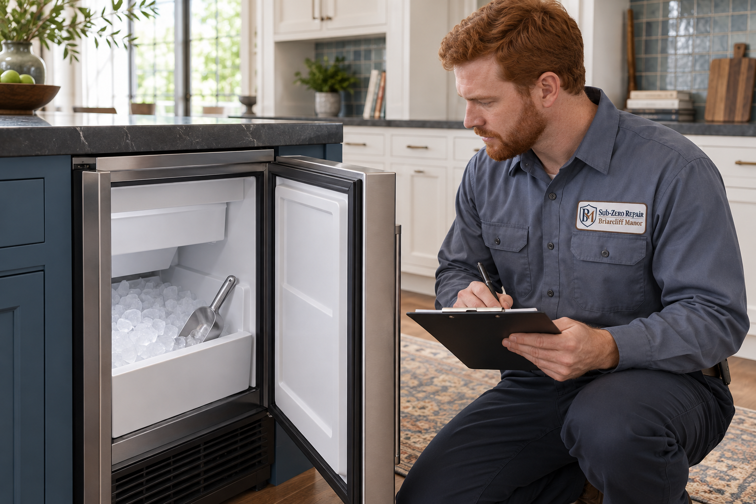 Fictional technician beside a Sub-Zero ice maker — AI illustration for Sub-Zero Repair Briarcliff Manor