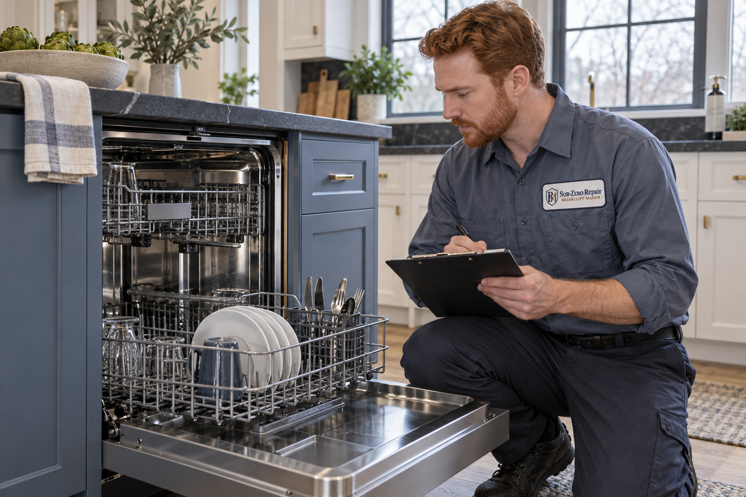 Fictional technician beside a Monogram dishwasher — AI illustration for Sub-Zero Repair Briarcliff Manor