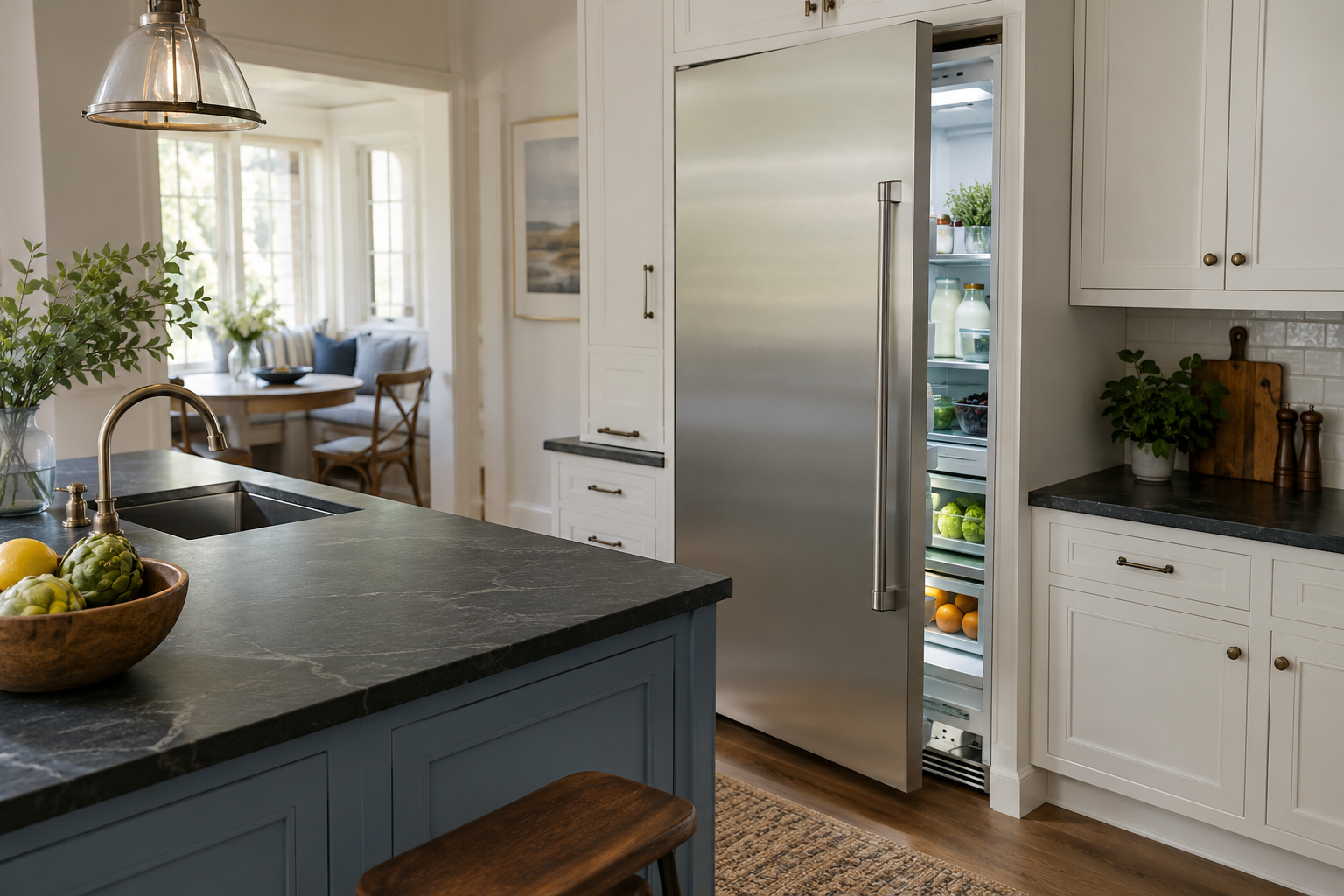 Illustrative Monogram refrigerator in a residential kitchen — AI image for Sub-Zero Repair Briarcliff Manor