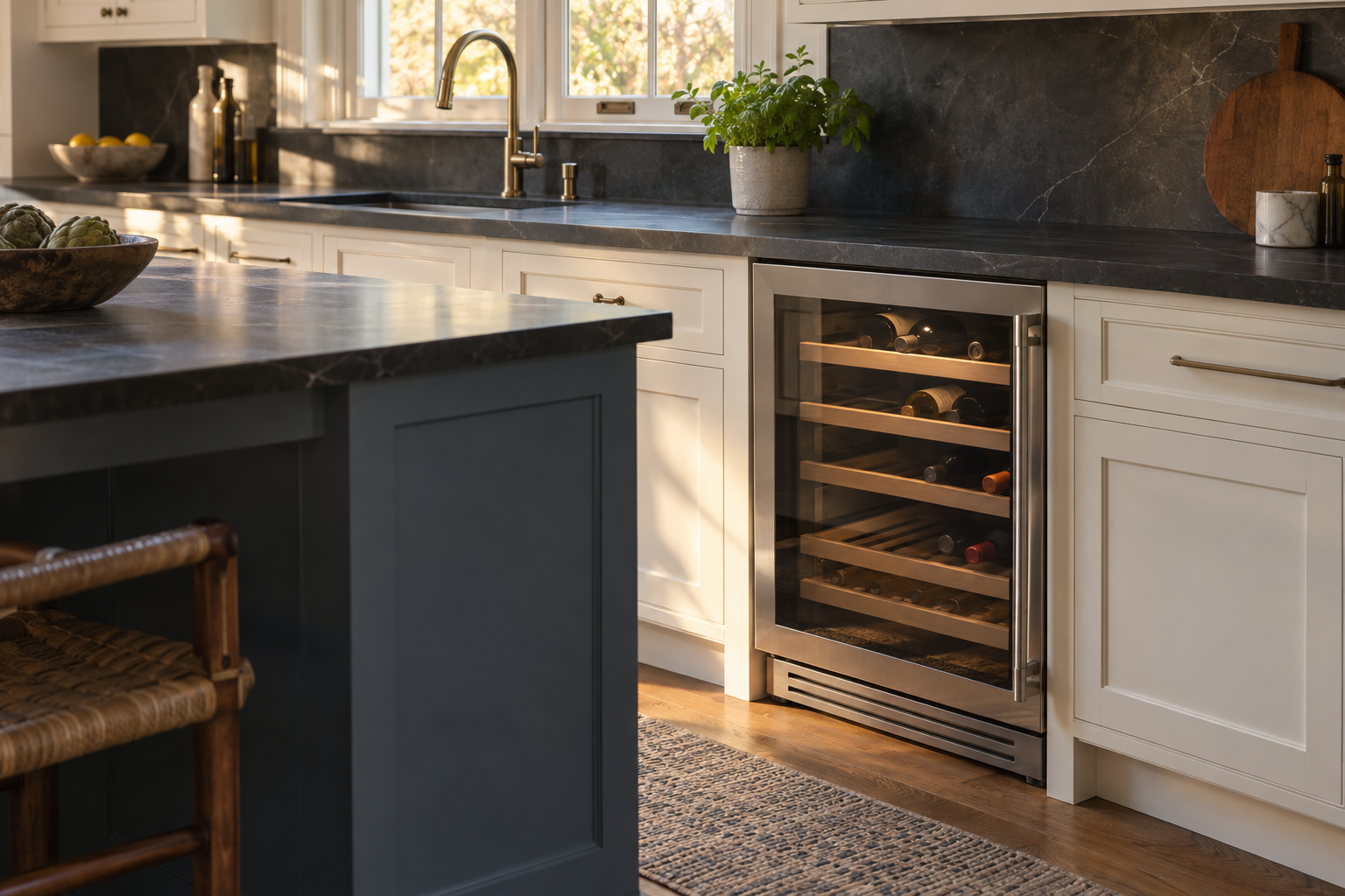 Illustrative Monogram wine cooler in a residential kitchen — AI image for Sub-Zero Repair Briarcliff Manor