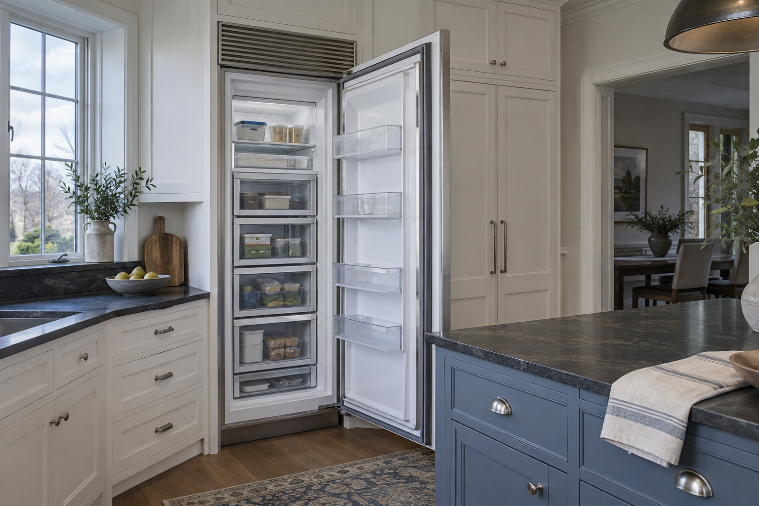 Illustrative Sub-Zero freezer in a residential kitchen — AI image for Sub-Zero Repair Briarcliff Manor