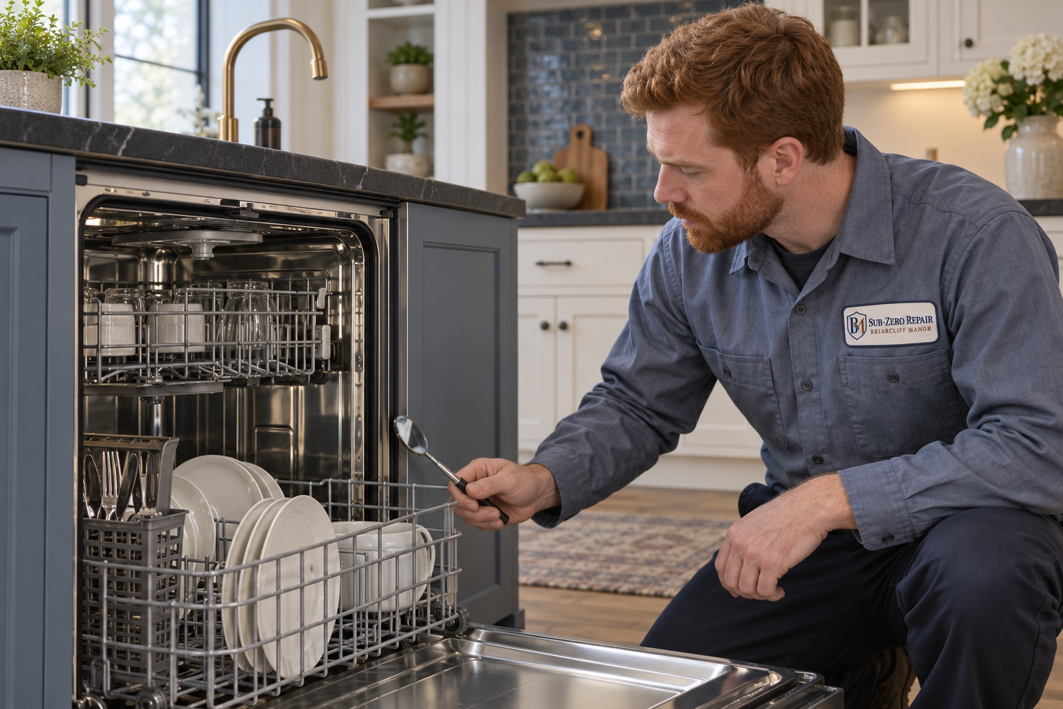 Fictional technician beside a Thermador dishwasher — AI illustration for Sub-Zero Repair Briarcliff Manor