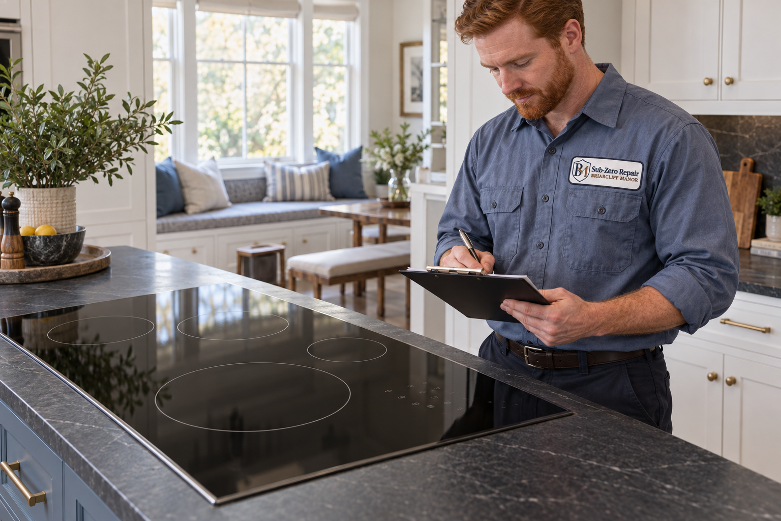 Fictional technician beside a Wolf cooktop — AI illustration for Sub-Zero Repair Briarcliff Manor