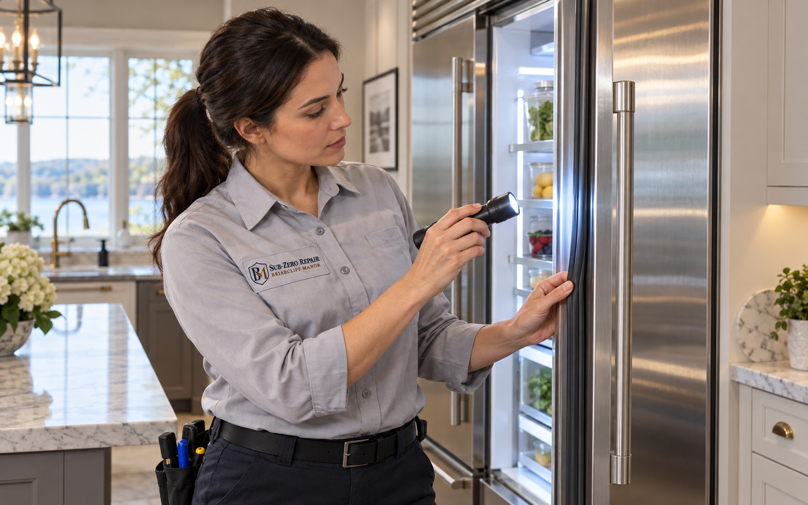 Illustrative technician with the Sub-Zero Repair Briarcliff Manor uniform logo